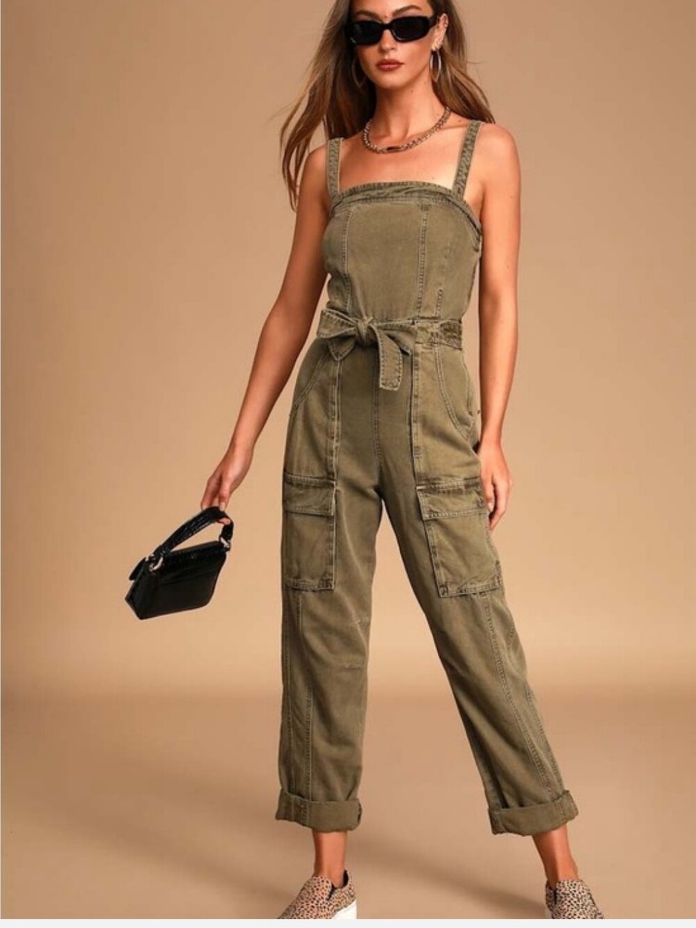 Free People "Go West" Utility Jumpsuit Green Utility Cargo Jumpsuit Belted Xs